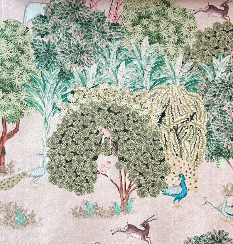 May include: A whimsical illustration of a forest scene with peacocks, monkeys, deer, and other animals. The background is a light pink color with green trees and foliage.