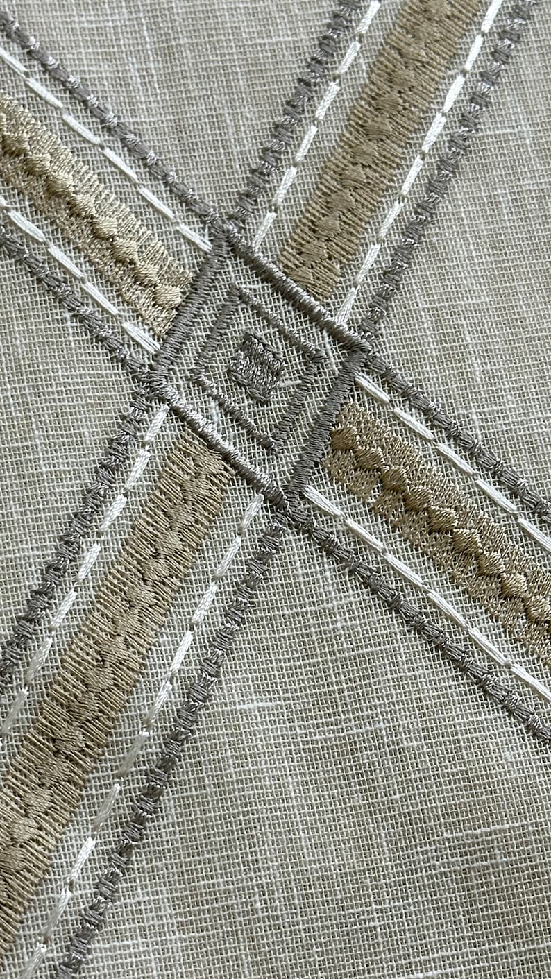 Pu&ograve; includere: Primo piano di un tessuto bianco con un motivo a croce di ricamo grigio e beige.