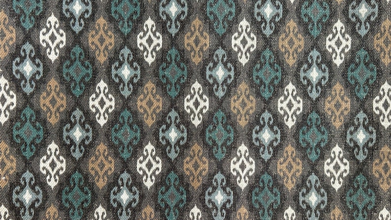 Ikat Curtain Panel: Teal, Beige, White Geometric Fabric image 1