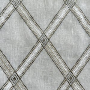Luxury Off White/ Grey Embroidered Geometric Customizable Curtains, Upholstery, Drapes, Pillow Covers, Table Runner, Duvet Covers