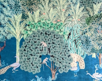 May include: A teal blue background with a stylized illustration of a jungle scene. The scene includes a peacock, monkeys, and a deer. The illustration is done in shades of green, brown, and white.