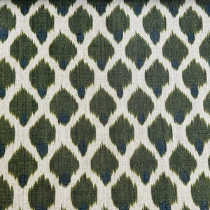 May include: Green and blue ikat fabric with a repeating pattern of teardrop shapes.