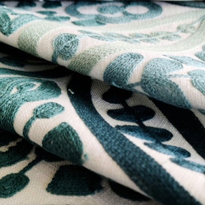 May include: White fabric with a teal blue embroidered floral pattern. The fabric is folded in half, showing the pattern on both sides.