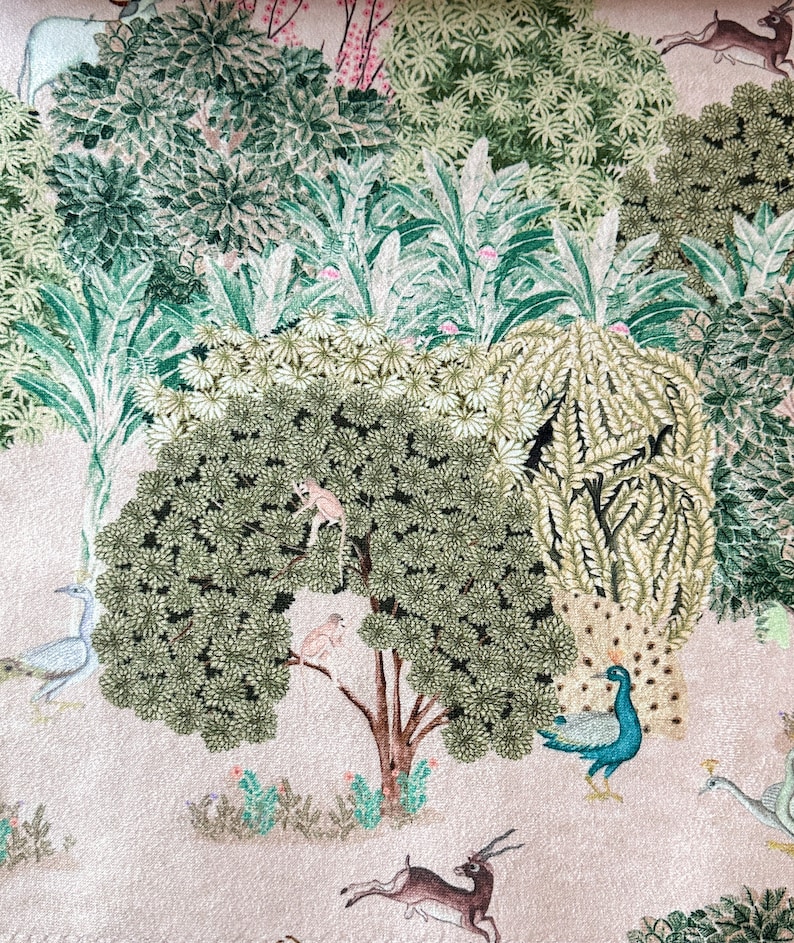 May include: A whimsical illustration of a forest scene with a peacock, monkeys, deer, and birds. The background is a light pink with green foliage and flowers.
