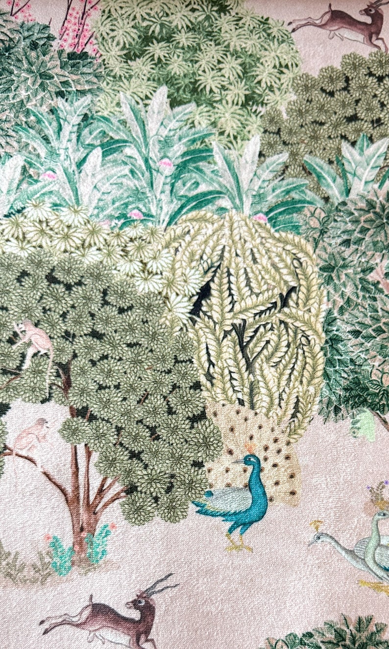 May include: A pink background with a green and brown jungle scene. There are peacocks, monkeys, deer, and trees. The scene is painted in a whimsical style.