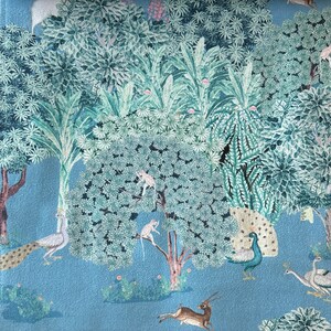 May include: A blue and green patterned fabric featuring a jungle scene. The fabric depicts peacocks, monkeys, deer, and trees.