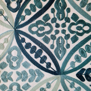 May include: Close-up of a white fabric with an intricate embroidered design in shades of blue and green. The pattern features repeating geometric shapes and floral motifs.