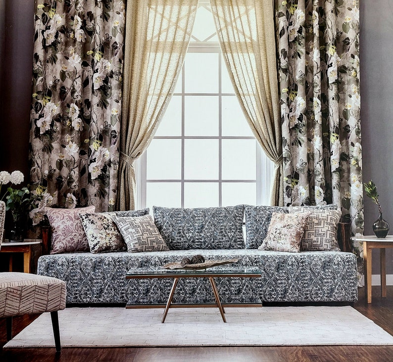 Luxury Custom Curtains Valance Roman Shade in Grey/ Yellow/ White Modern Floral Pattern Fabric image 5