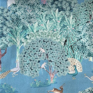 May include: A blue background with a green and white jungle scene. The scene includes peacocks, monkeys, deer, and birds.