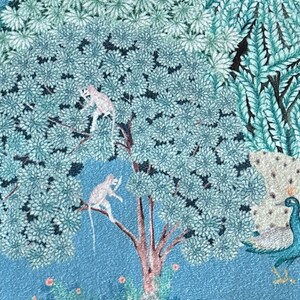 May include: A blue and green watercolour painting of a peacock with its tail feathers spread out. Two white monkeys are perched on a tree branch in the background.