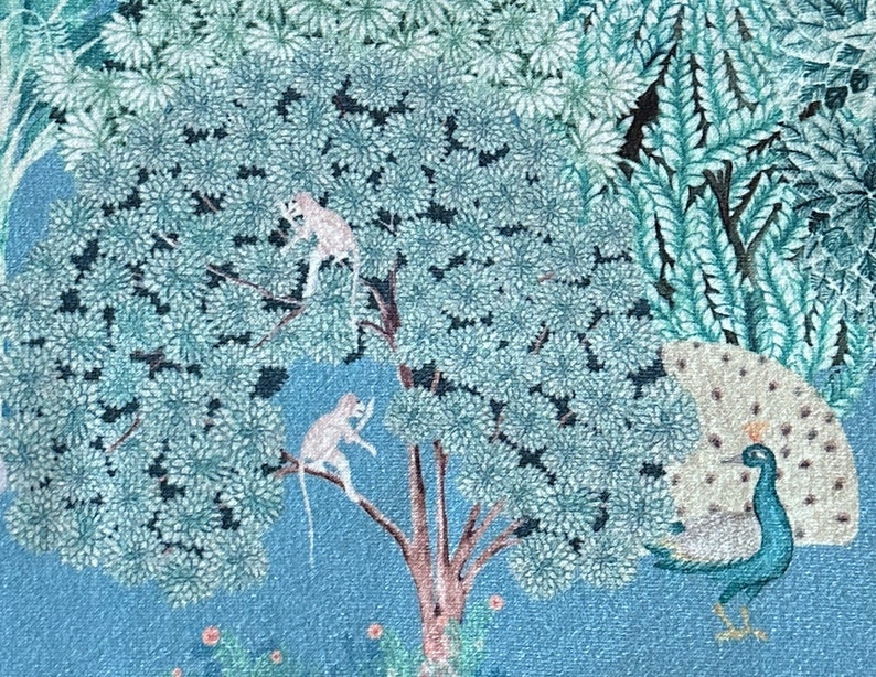 May include: A blue and green watercolour painting of a peacock with its tail feathers spread out. Two white monkeys are perched on a tree branch in the background.