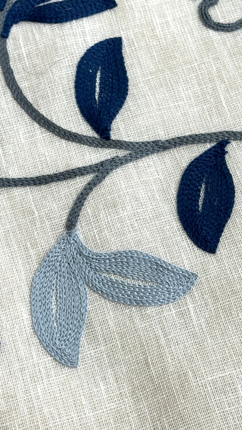 May include: Close-up of embroidered fabric with a blue and gray floral design. The fabric has a woven texture and the embroidery is detailed.