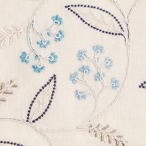 Puede incluir: Primer plano de tela blanquecina con dise&ntilde;o floral bordado. El bordado presenta hojas y flores en azul claro, azul oscuro y color topo. El dise&ntilde;o es un patr&oacute;n repetitivo de elementos bot&aacute;nicos estilizados.