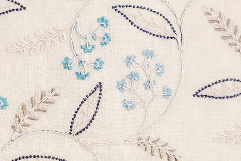 Puede incluir: Primer plano de tela blanquecina con dise&ntilde;o floral bordado. El bordado presenta hojas y flores en azul claro, azul oscuro y color topo. El dise&ntilde;o es un patr&oacute;n repetitivo de elementos bot&aacute;nicos estilizados.
