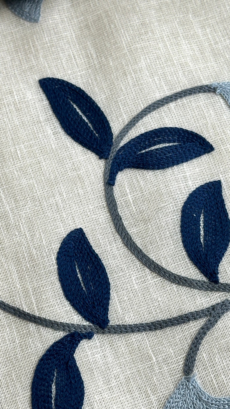 May include: Close-up of a fabric with an embroidered design of blue and gray leaves. The fabric has a textured, linen-like appearance.