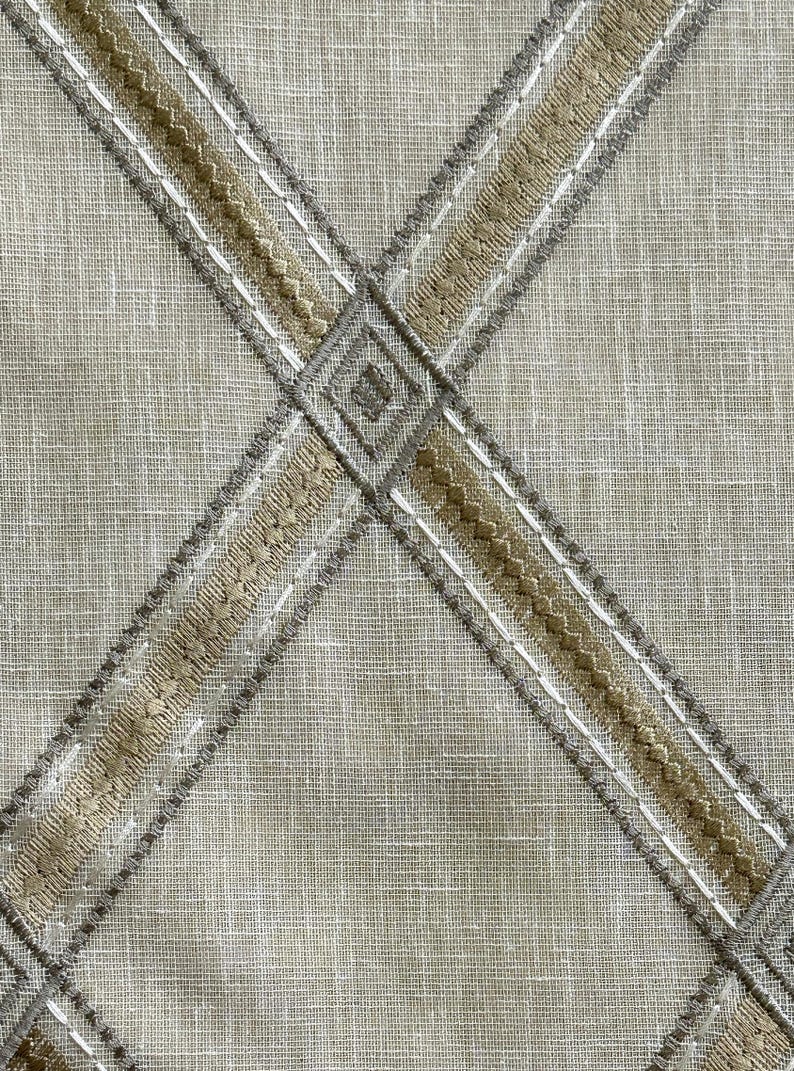 Pu&ograve; includere: Tessuto di lino beige con un motivo a croce di bordatura ricamata marrone e bianca.