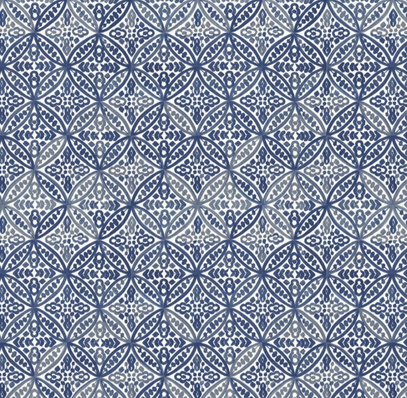 May include: A seamless pattern of blue and white geometric shapes. The pattern is made up of repeating circles and squares, with a subtle gradient effect.