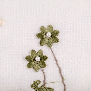 Floral Embroidered Sheer Curtain: White Olive Green Fabric image 2