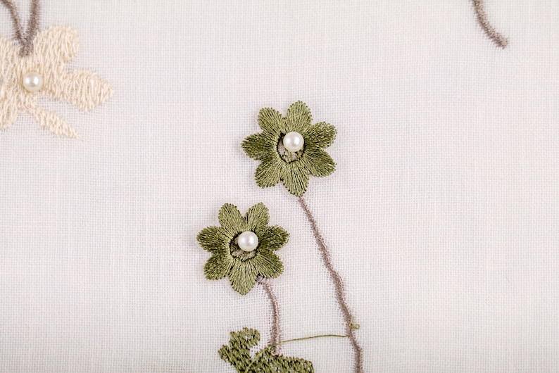 Floral Embroidered Sheer Curtain: White Olive Green Fabric image 2