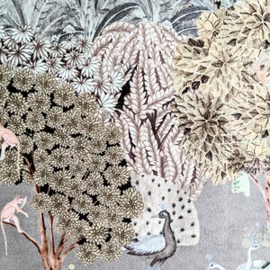 Puede incluir: Una tela gris con un dise&ntilde;o impreso de una escena de la selva. El dise&ntilde;o presenta pavos reales, monos y varios &aacute;rboles y plantas.