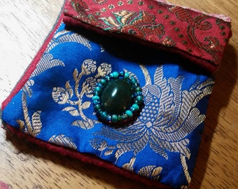 Silk Brocade and Felt Bag with Magnetic Closure: Bloodstone and Glass Beads