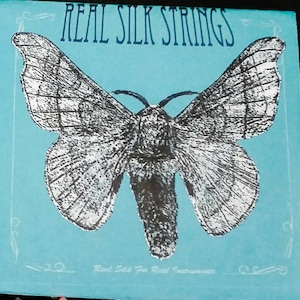 Può includere: Scatola turchese con un'illustrazione dettagliata in bianco e nero di una falena con le ali spiegate. Il testo "REAL SILK STRINGS" è arcuato sopra la falena, con "Real Silk For Real Instruments" sotto.