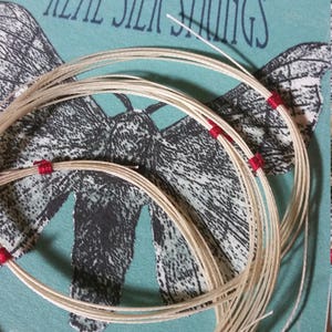 May include: A bundle of off-white silk strings with red thread accents, coiled on a teal background. The words "REAL SILK STRINGS" are printed in dark blue. A black and white moth illustration is visible.