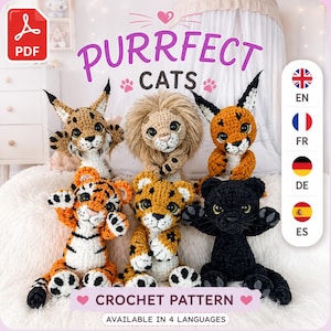 6-in-1 Wild Cats Crochet Pattern Bundle – Tiger, Panther, Lion, Leopard, Caracal & Lynx Amigurumi PDF – English French Deutch Espagnol