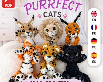 6-in-1 Wild Cats Crochet Pattern Bundle – Tiger, Panther, Lion, Leopard, Caracal & Lynx Amigurumi PDF – English français Deutch Espagne