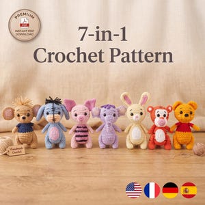 Peut inclure: Un modèle de crochet 7-en-1 en téléchargement numérique présentant sept petites figurines d'animaux en peluche faites à la main. Les personnages incluent une souris beige, un âne bleu, un cochon rose, un éléphant violet, un lapin jaune, un tigre rouge et un ours jaune.