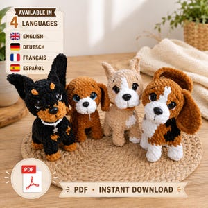 4-i-1 plyschhundar, hundar – Amigurumi-virkmönster PDF Engelska Franska Tyska Spanska | Digital nedladdning