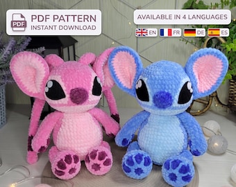 May include: Two plush toys made of soft yarn, one pink and one blue, featuring large ears with pink inner sections, dark oval eyes, and paw pads. Text on the image reads: PDF PATTERN INSTANT DOWNLOAD and AVAILABLE IN 4 LANGUAGES EN FR DE ES.
