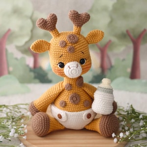 Peut inclure: Poupée girafe au crochet jaune, marron et blanc, avec des bois en forme de cœur et des taches marron. La poupée tient un biberon et porte une couche. Elle est assise sur une surface en bois.