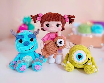 3in1 Monsters-Inspired Amigurumi Crochet Pattern Bundle - PDF Digital Download - Sullivan, Baby Boo & Mike Plush Set