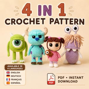 May include: A 4 in 1 crochet pattern PDF instant download featuring four amigurumi dolls: a green one-eyed monster, a blue spotted monster with horns, a small human-like doll with brown pigtails, and a purple monster with two eyes and hair.