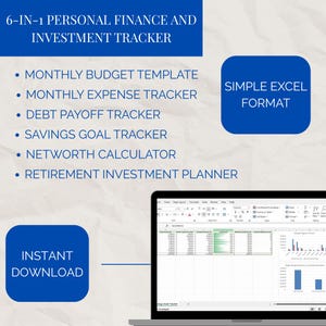 Personal Finance Spreadsheet Bundle | 6-in-1 Budget, Expense, Debt, Savings, Net Worth, Retirement Planner | Editable Excel Kit | Download