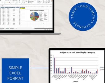Puede incluir: Dos portátiles que muestran datos financieros en formato Excel. Uno muestra un gráfico circular de desglose de gastos, el otro un gráfico de barras que compara el presupuesto con los gastos reales por categoría. Un círculo azul dice "Realice un seguimiento de sus gastos mensuales."