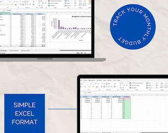 Puede incluir: Dos pantallas de ordenador portátil que muestran hojas de cálculo de Microsoft Excel con información de seguimiento del presupuesto. La pantalla superior muestra un gráfico de barras titulado "Budgeted vs Actual Expenses". La pantalla inferior muestra una tabla con columnas para "Savings Goal", "Actual Savings" y "Goal Met". El texto "TRACK YOUR MONTHLY BUDGET" está en un círculo azul en el lado derecho de la imagen. El texto "SIMPLE EXCEL FORMAT" está en un rectángulo azul en el lado izquierdo de la imagen.