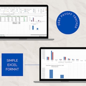 Puede incluir: Una pantalla de computadora port&aacute;til que muestra una hoja de c&aacute;lculo con el t&iacute;tulo "Debt Payoff Tracker". La hoja de c&aacute;lculo muestra un formato simple de Excel con columnas para el nombre de la deuda, el pago m&iacute;nimo, la tasa de inter&eacute;s y el saldo restante. La hoja de c&aacute;lculo est&aacute; acompa&ntilde;ada de un gr&aacute;fico de barras que muestra la deuda total al comienzo del mes en comparaci&oacute;n con la deuda total restante.