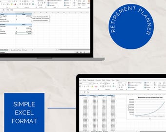 Puede incluir: Dos pantallas de computadora portátil que muestran una simple hoja de cálculo de Excel para la planificación de la jubilación. La hoja de cálculo incluye campos de entrada para los ahorros iniciales, las contribuciones anuales y la tasa de rendimiento de la inversión. La segunda pantalla muestra un gráfico del crecimiento de la cuenta de jubilación a lo largo del tiempo. El texto "Retirement Planner" está en un círculo azul.
