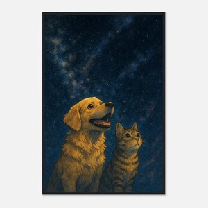 Katze und Hund Wandbild – Galaxy Pet Print | Poster Nachthimmel Tier | Haustier-Memorial-Geschenk | Golden Retriever und getigerte Katze Wanddekoration