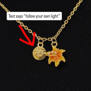 以下が含まれることがあります： 2つのチャームが付いたゴールドカラーのネックレス。1つのチャームは「Follow your own light」と書かれた丸いディスクです。もう1つのチャームは、黄色とオレンジ色の花びらと小さな透明な石が付いた花です。黒い背景にあります。