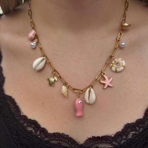 Pink Beach Charm Necklace Gold Shell Girls Beach Necklace Summer Charm Necklace Faux Pearl