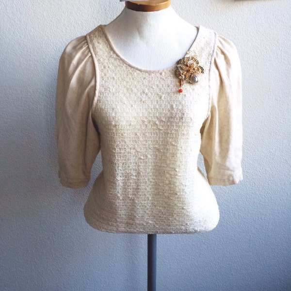 SALE Creme Linen Peasant Blouse with Boucle Front and Back from 1970s Labeled Paris