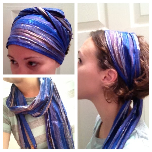 Beautiful Blue Sparkly Head Scarf with Fringe 70s