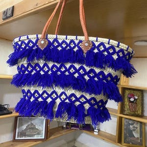 Boho marokkanischen Palmenblatt-Korb | Handgewebte Strohtasche mit Echtledergriffen
