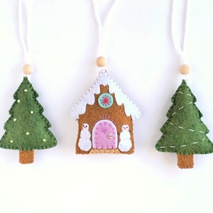 Gingerbread and Christmas Tree Ornament Set Snowman Theme includes two pine trees and one candy themed gingerbread house image 2
