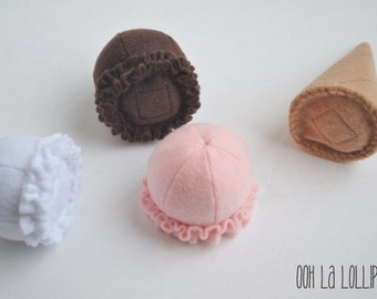 Felt Neapolitan Ice Cream Set, magnetic, comes with one cone and three scoops in white, brown, and pink