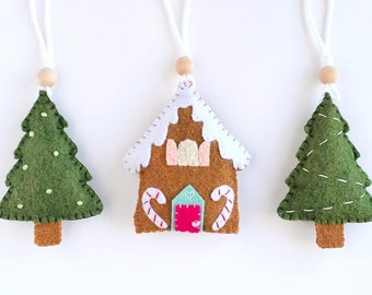 Gingerbread and Christmas Tree Ornament Set (Candy Cane Theme) - includes two pine trees and one candy themed gingerbread house