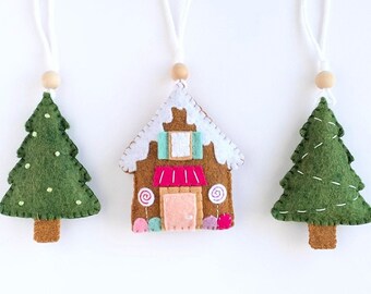 Gingerbread and Christmas Tree Ornament Set (Lollipop Theme) - includes two pine trees and one candy themed gingerbread house